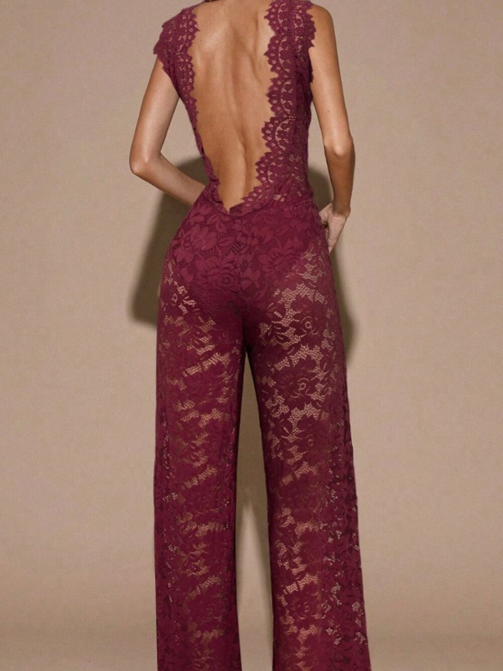 Burgundy Sexy Women's Backless Sheer Lace Jumpsuit